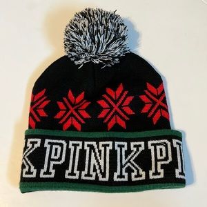 PINK Victoria’s Secret Printed Beanie Hat with Pompom and Snowflake Pattern